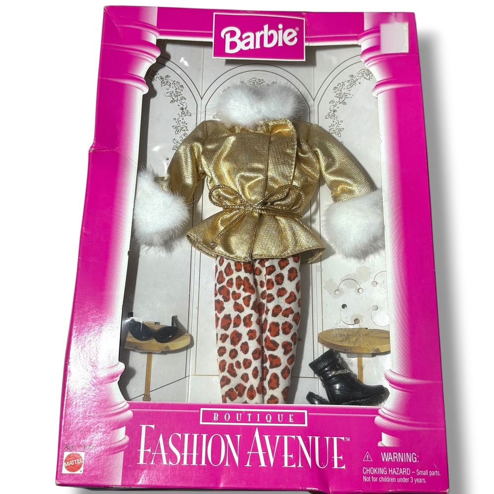 Vintage 1996 Barbie Fashion Avenue Boutique Gold Fur Coat Leopard Pants 14980